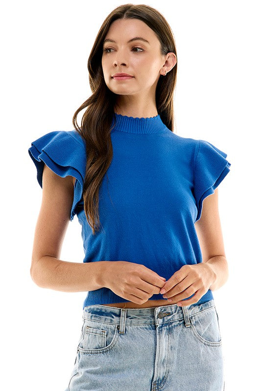 Ruffle Sleeve Sweater Top (Cobalt, Off White)