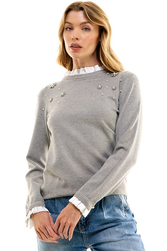 Embellished Ruffle Sweater (Grey, Green)