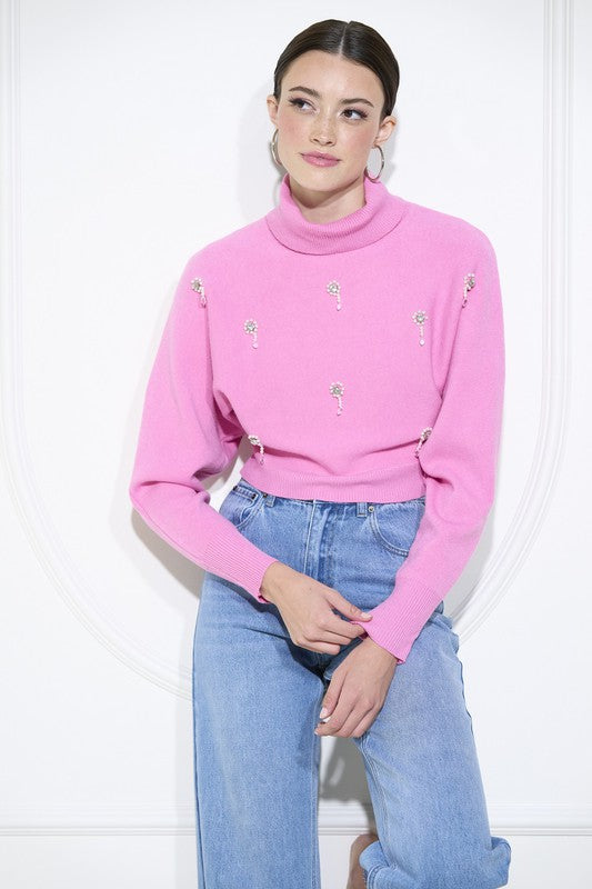 Embellished Turtleneck Sweater (Ivory, Pink)