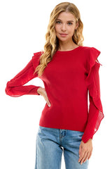Pleated Knit Top (Black, Cherry Red)