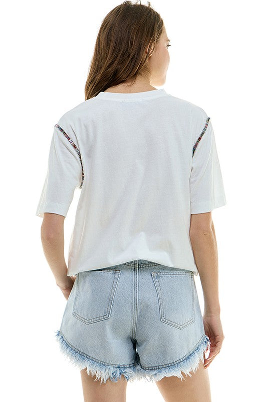 Elegant Jewel-Trimmed White T-Shirt