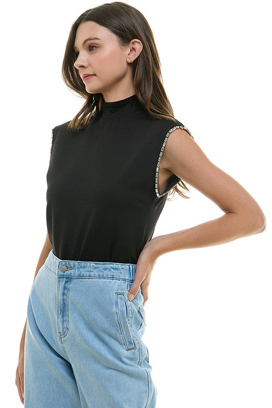 Sleek Sleeveless Turtleneck Tee With Silver Trim