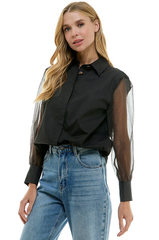 Elegant Button-Down Collared Top with Sheer Sleeves