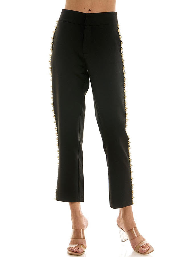 Elegant Straight Leg Trouser with Pearl Side Trim