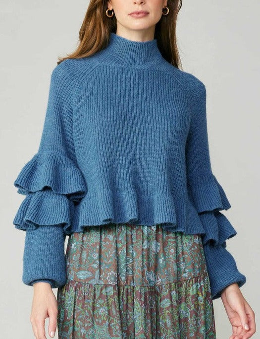 Long Sleeve Mock Neck Sweater (Blue, Latte)