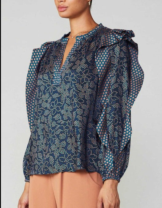Navy Multi Floral Ruffled Blouse