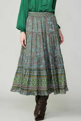 Paisley Border Print Long Tiered Skirt