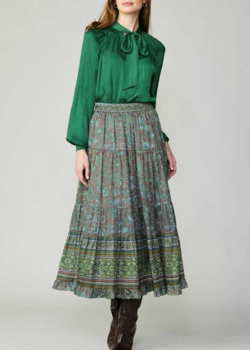 Paisley Border Print Long Tiered Skirt