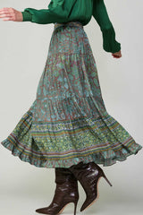 Paisley Border Print Long Tiered Skirt