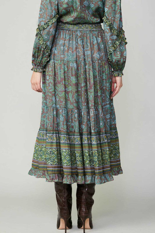 Paisley Border Print Long Tiered Skirt