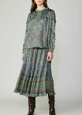 Paisley Border Print Long Tiered Skirt