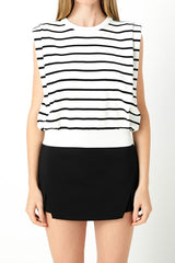 Stripe Sleeveless Pleated Knit Top