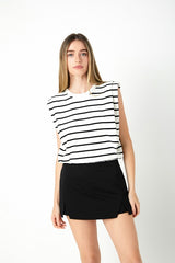 Stripe Sleeveless Pleated Knit Top