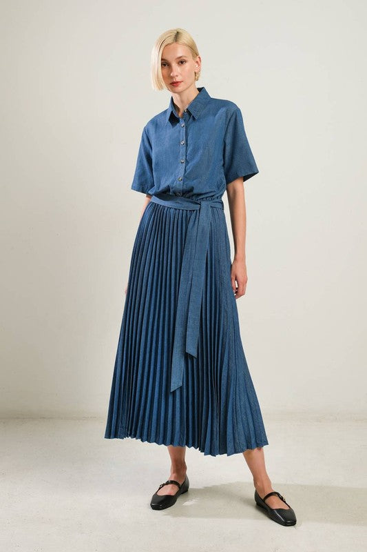 Woven Belted Pleated Dress