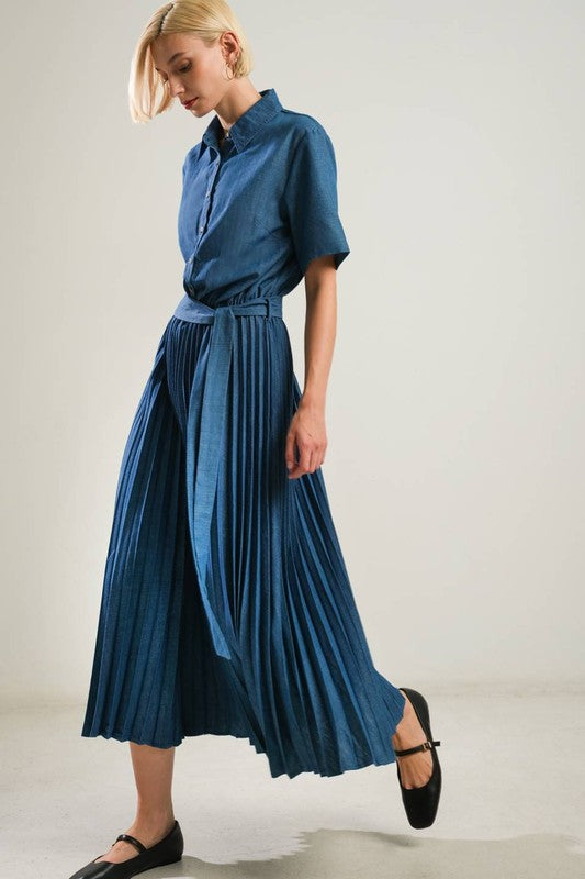 Woven Belted Pleated Dress