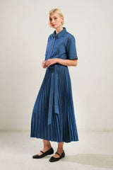 Woven Belted Pleated Dress