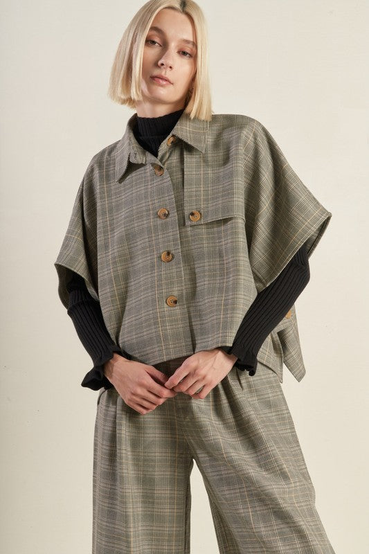 Woven Plaid Shirt Collar Top