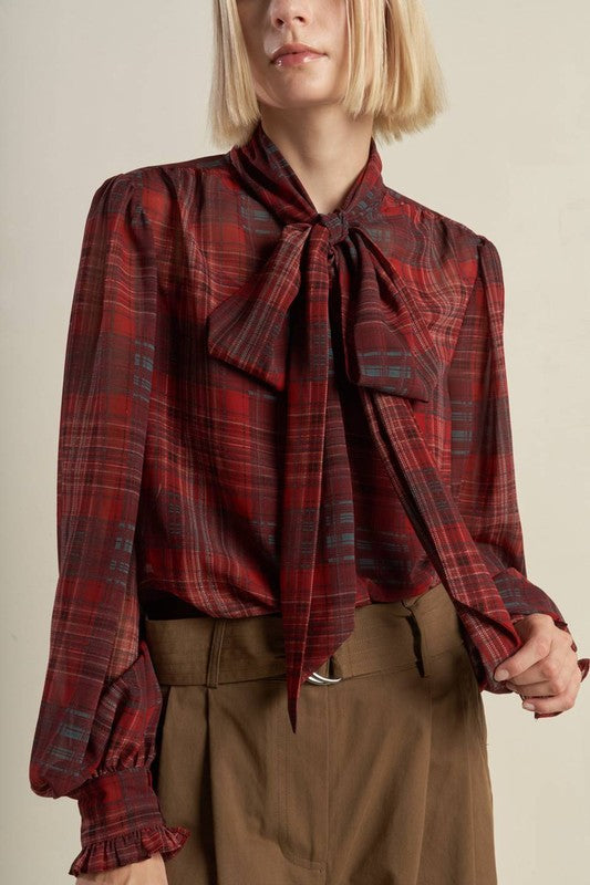 Front Bow Tie Plaid Top