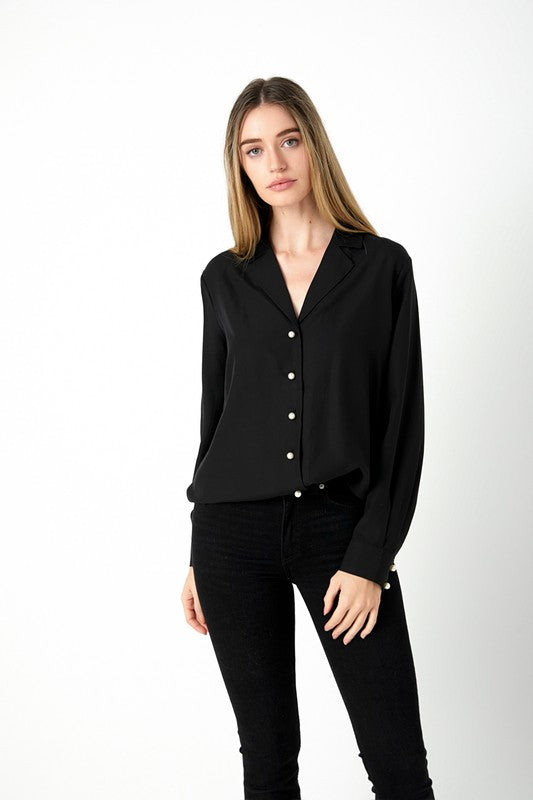 Pearl Button Collared Shirt (Black, White)