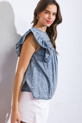 Ruffled Shoulder Denim Top