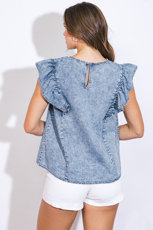 Ruffled Shoulder Denim Top