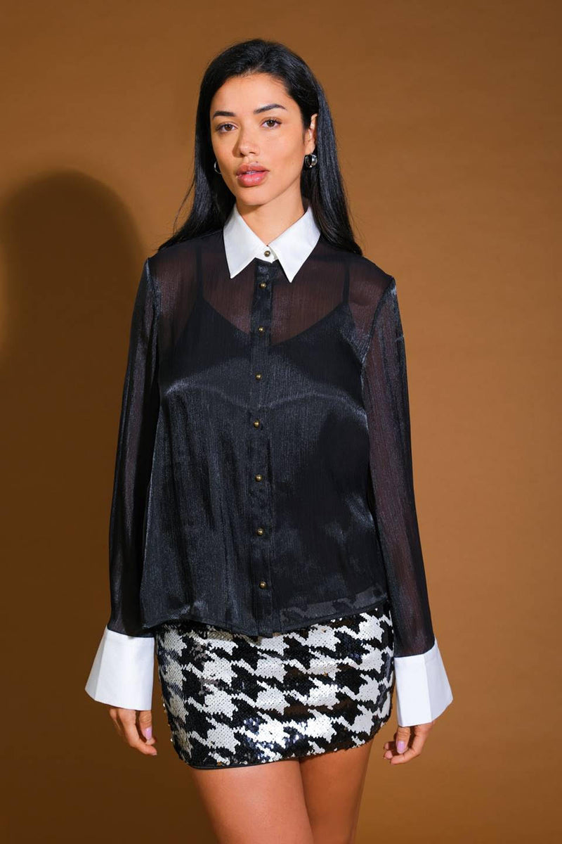 Semi-Sheer Woven Button Down Top