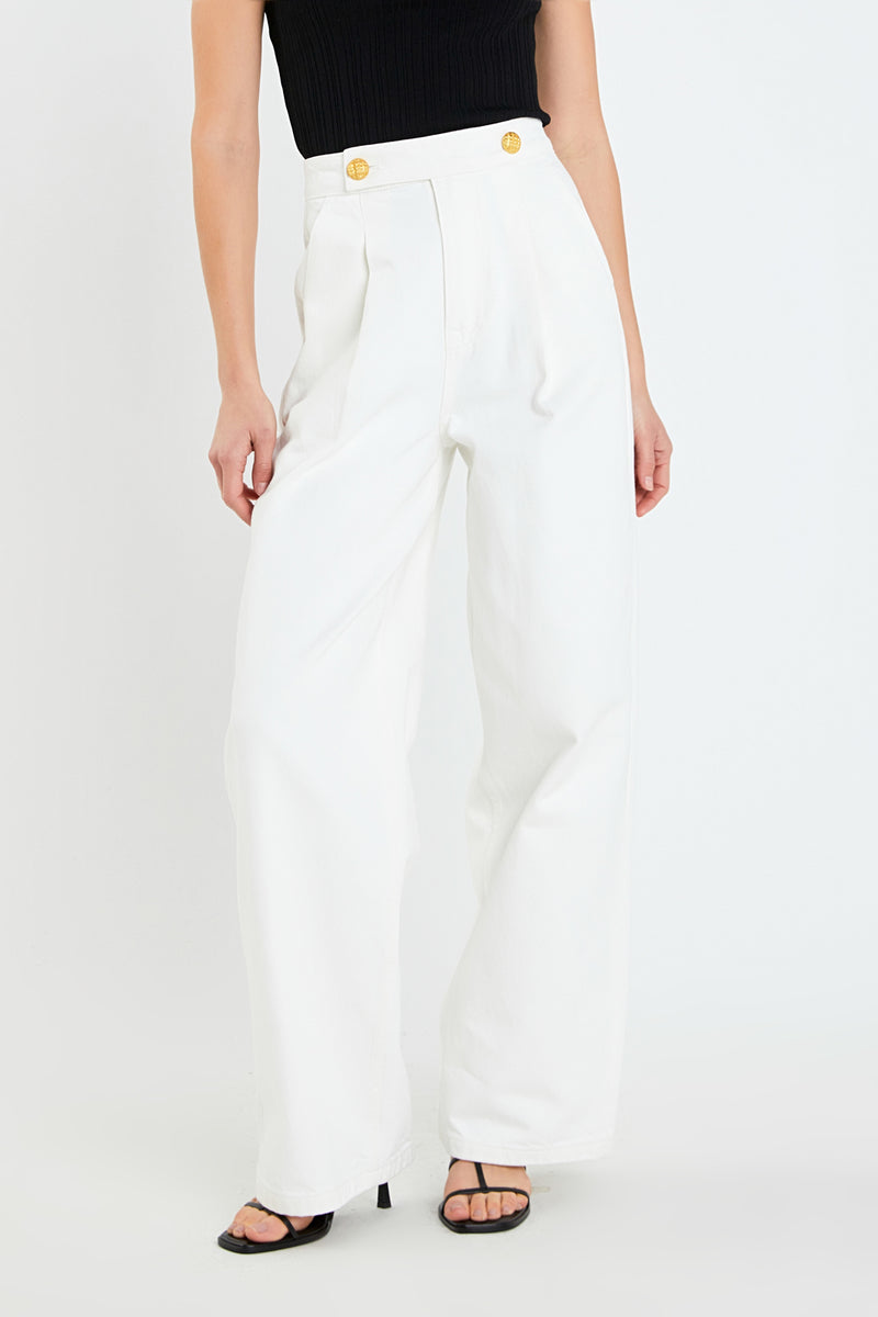 Gold Buttons High Waisted Denim Pants (Denim, Off White)