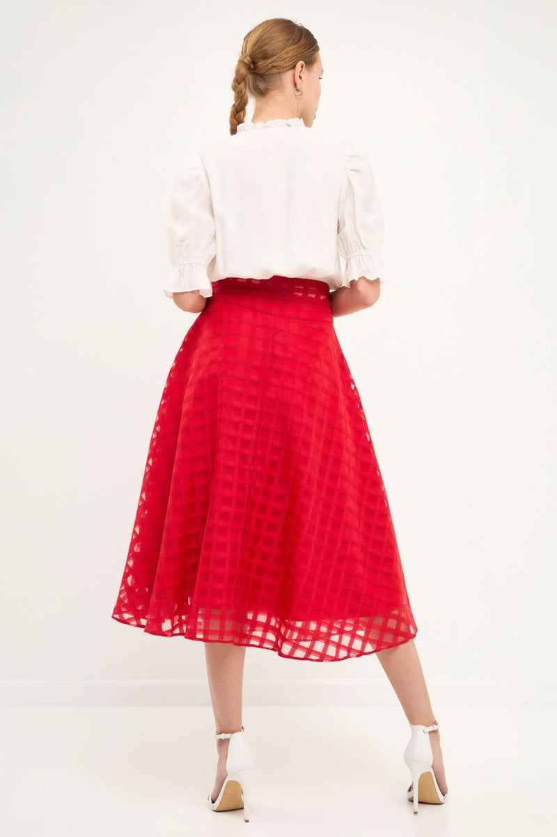 Plaid Organza Fit & Flare Midi Skirt (Red, Black)