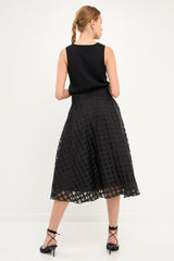 Plaid Organza Fit & Flare Midi Skirt (Red, Black)