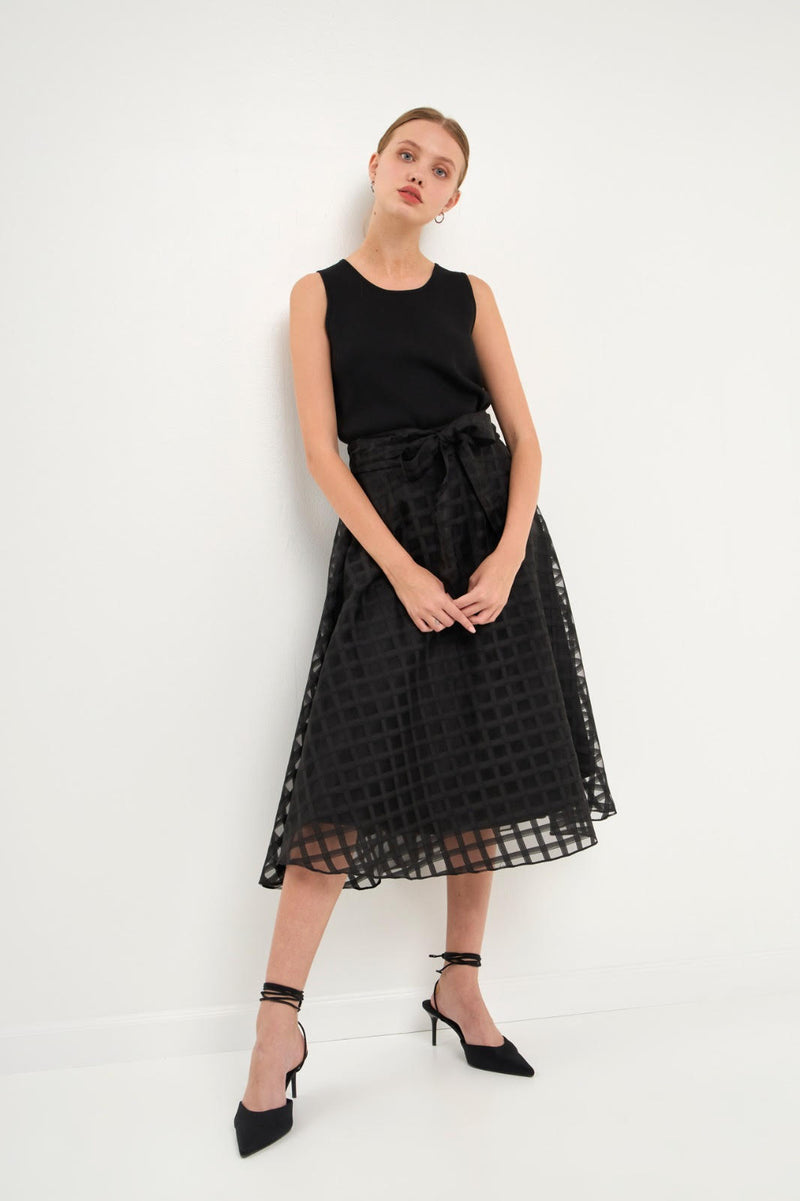 Plaid Organza Fit & Flare Midi Skirt (Red, Black)