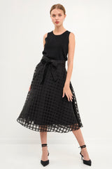 Plaid Organza Fit & Flare Midi Skirt (Red, Black)