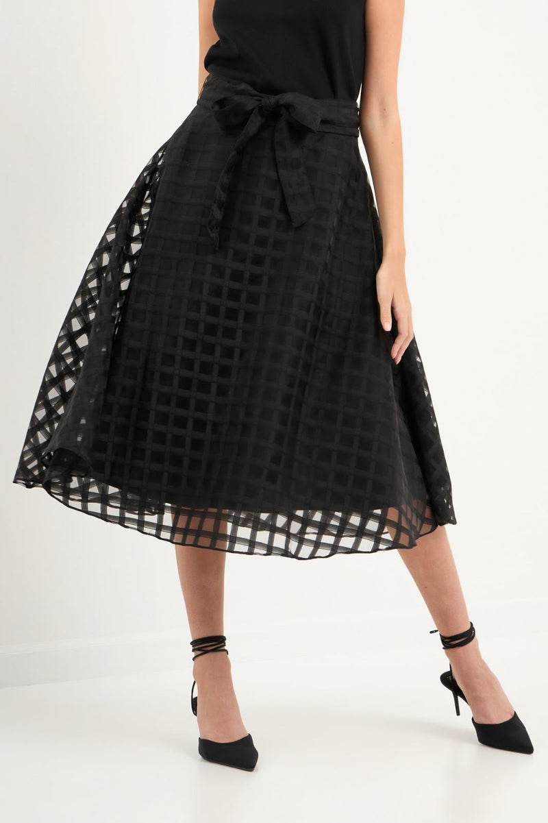 Plaid Organza Fit & Flare Midi Skirt (Red, Black)