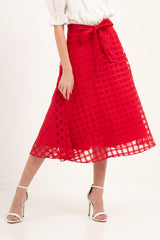 Plaid Organza Fit & Flare Midi Skirt (Red, Black)