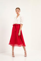 Plaid Organza Fit & Flare Midi Skirt (Red, Black)