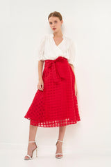 Plaid Organza Fit & Flare Midi Skirt (Red, Black)