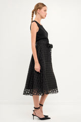 Plaid Organza Fit & Flare Midi Skirt (Red, Black)