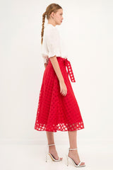 Plaid Organza Fit & Flare Midi Skirt (Red, Black)